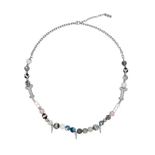 Petralin Beaded Gemstone Spike Necklace – Sterling Silver Chain with Crystal Accents, Punk Chic Jewelry