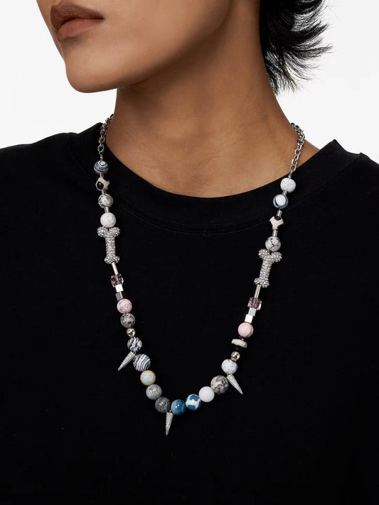 Petralin Beaded Gemstone Spike Necklace – Sterling Silver Chain with Crystal Accents, Punk Chic Jewelry